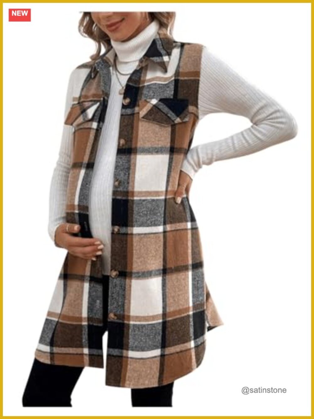 Maternity Plaid Flannel Vest Coat Sleeveless Flap Pocket Single Breasted